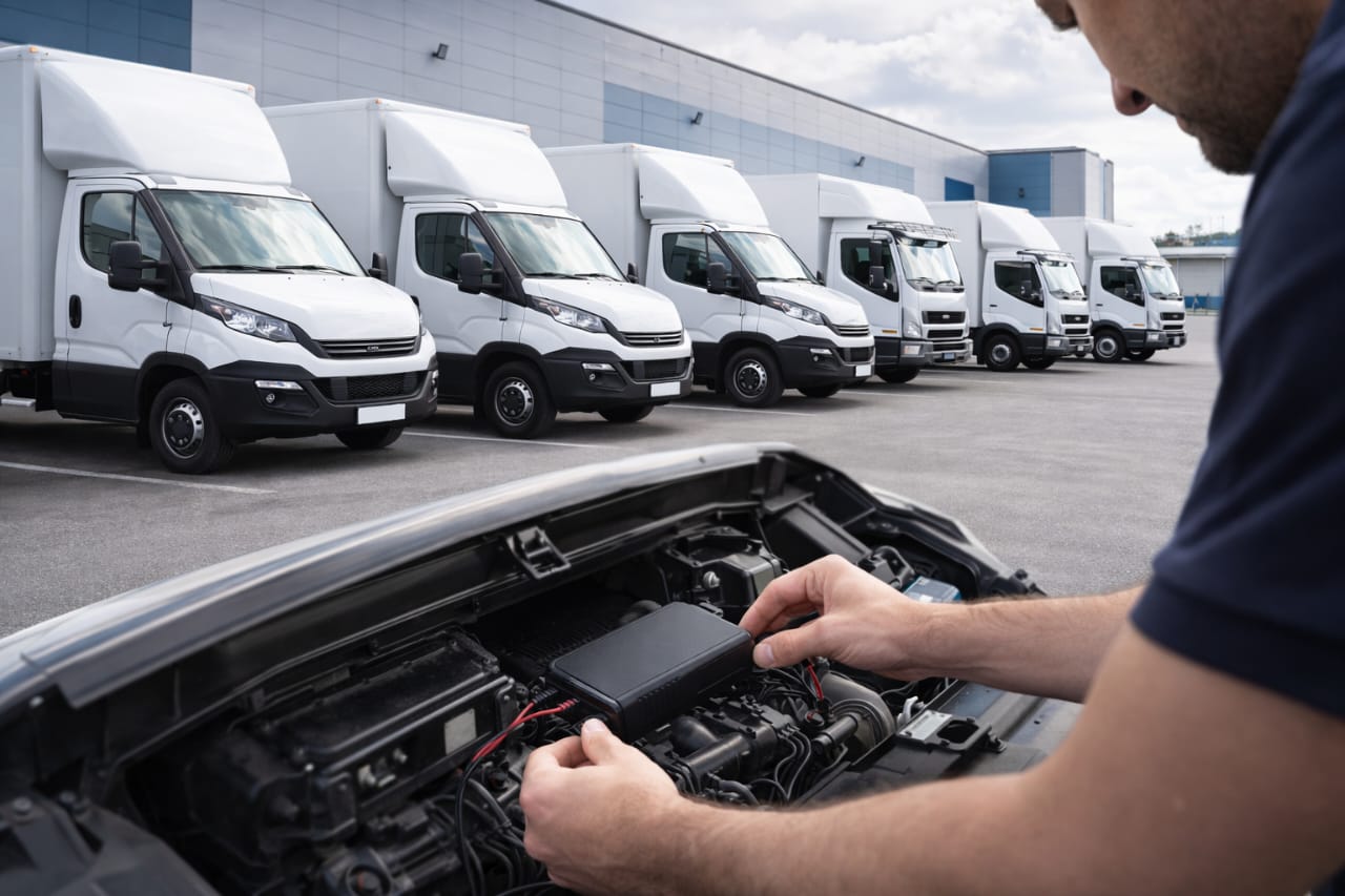 Technicien installant un boîtier GPS dans le compartiment moteur, flotte de véhicules en arrière-plan